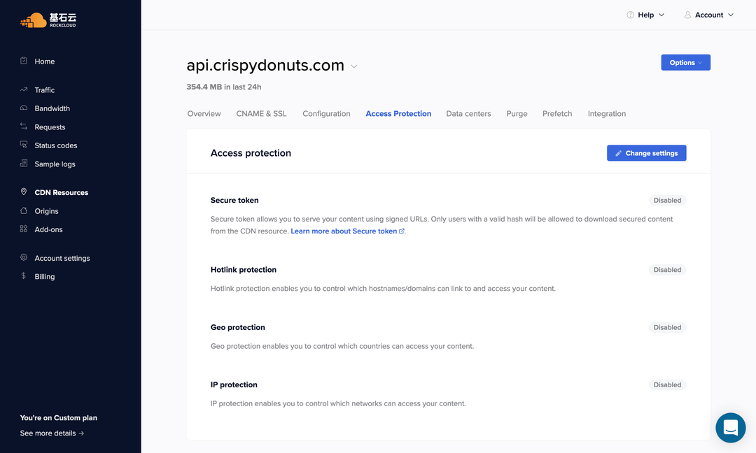 RockCloud control panel access protection settings: secure token, hotlink protection, geo protection and IP protection, each toggled and tuned independently