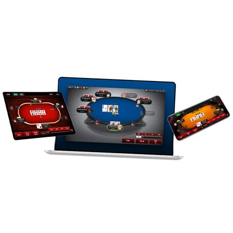 Online Texas hold’em tables running side by side on a laptop, a tablet and a phone