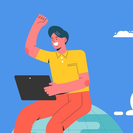 Illustration of an online-course student attending a class on a laptop while sitting on a globe